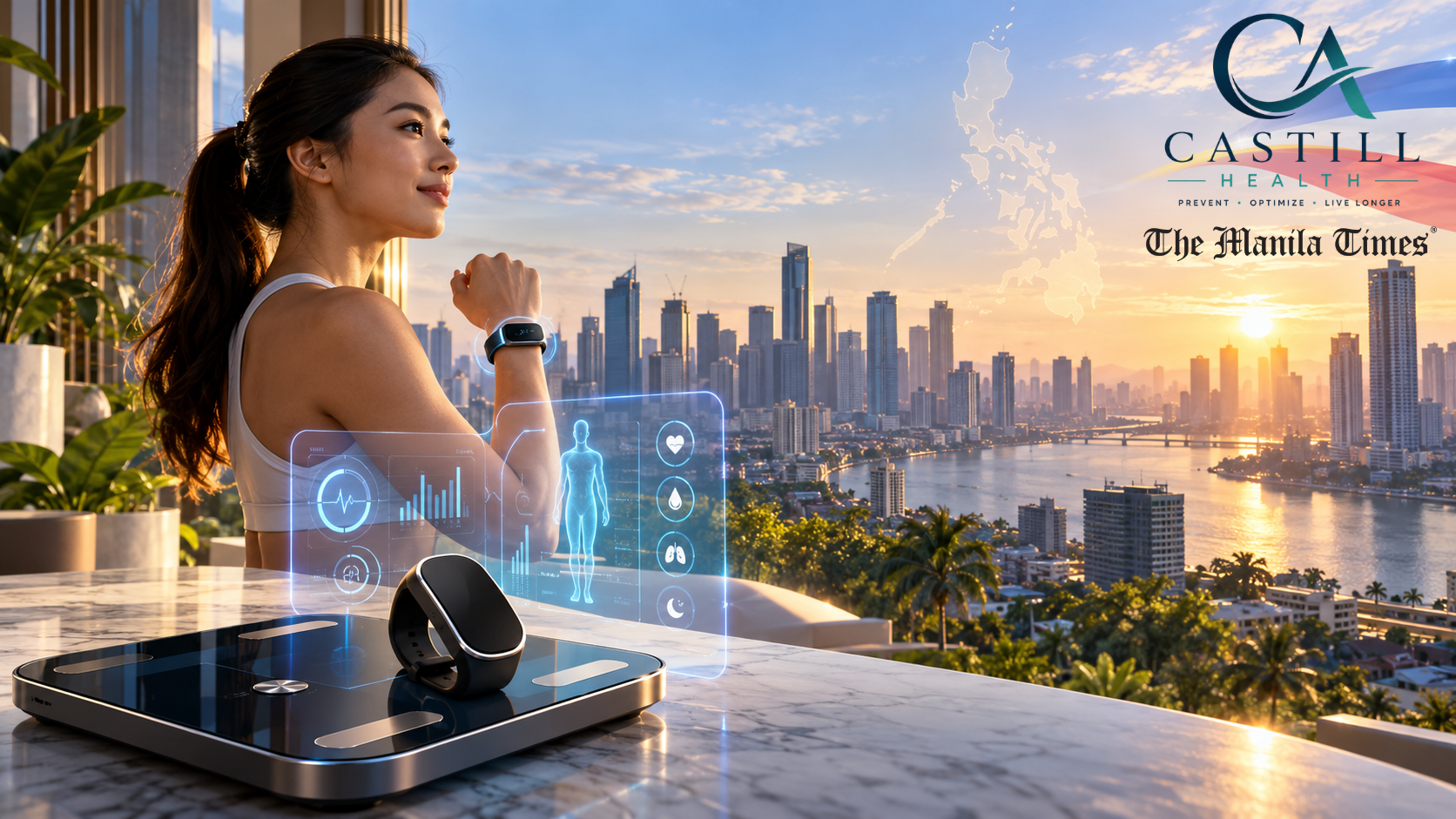 Digital healthcare technology overlooking Manila, Philippines, featuring a woman wearing a health tracker, smart scale and connected health monitoring displays.
